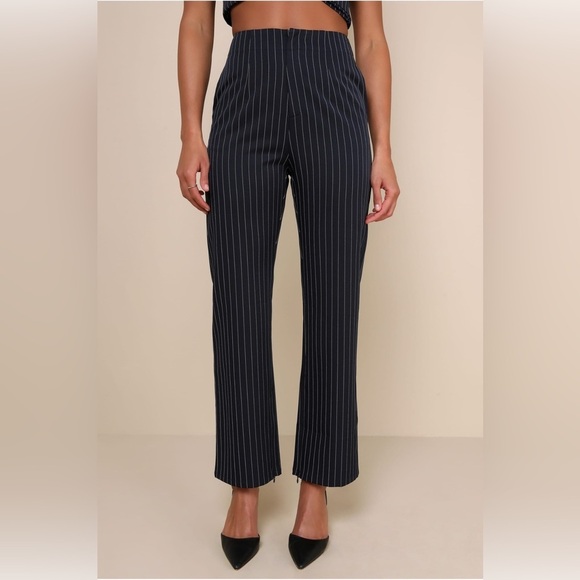 Lulus Pants - Lulus Confident Appeal Navy Blue Pinstripe High-Rise Pants